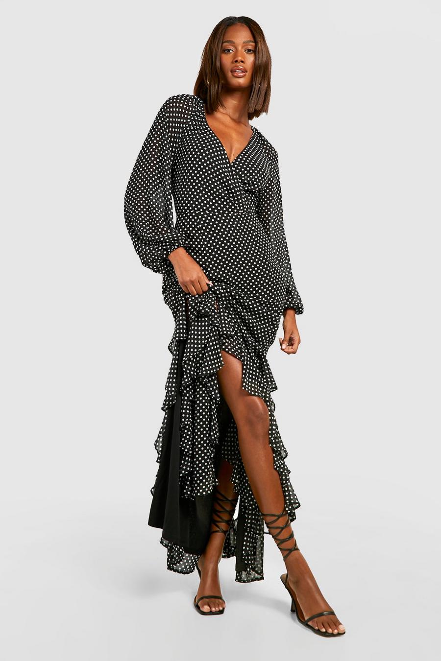 Black Chiffon Ruffle Polka Dot Maxi Dress image number 1