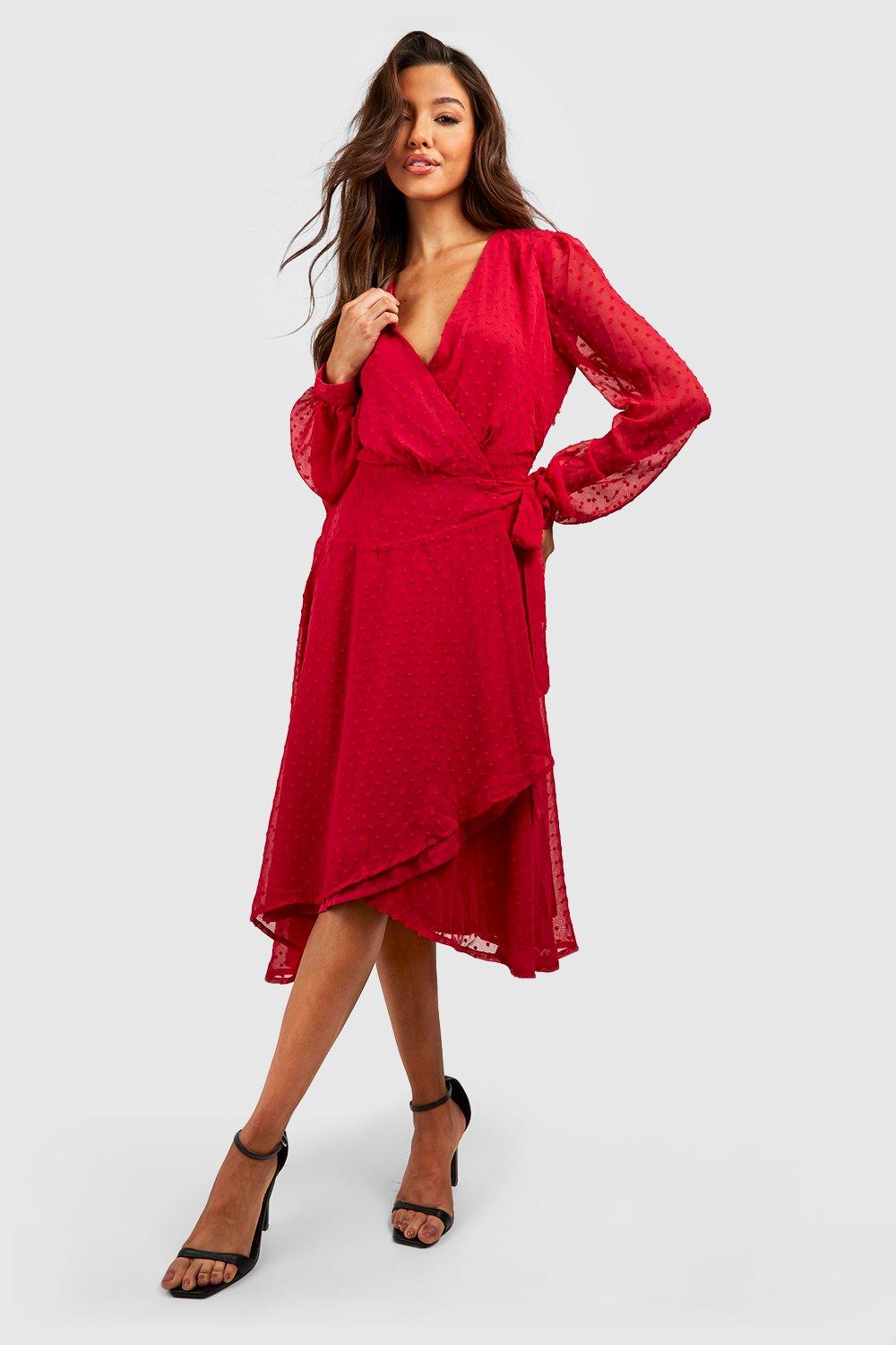 Red wrap dress store boohoo