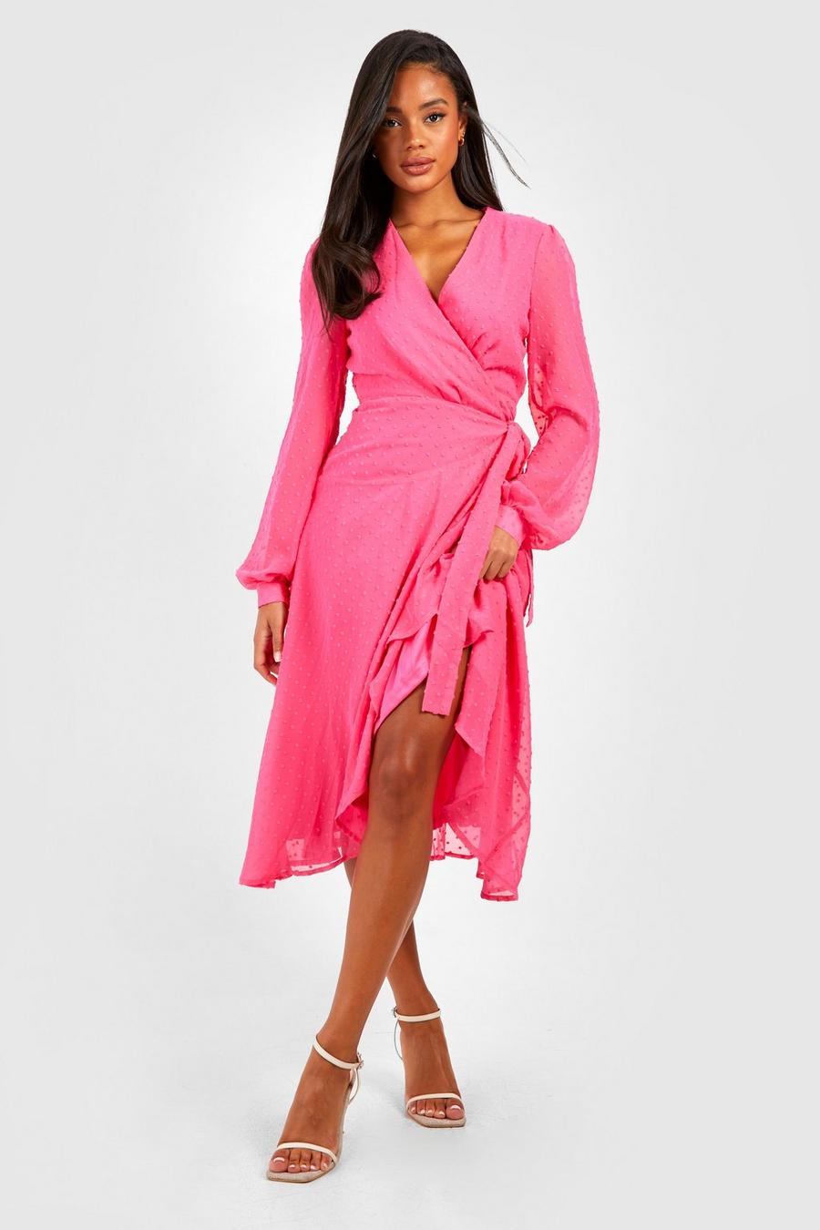 Hot pink Dobby Wrap Midi Dress