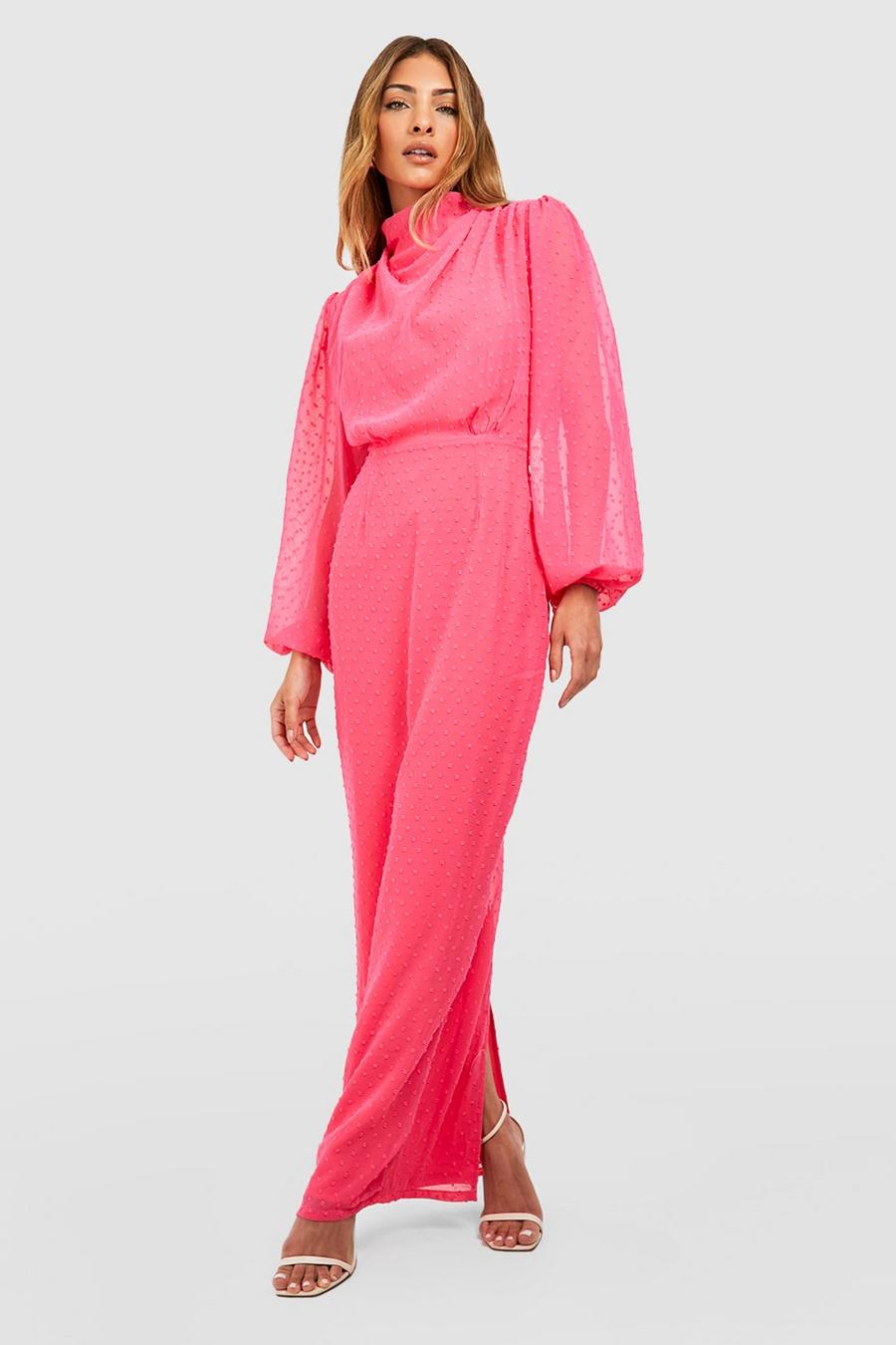 Vestido maxi de dobby con abertura y escote plisado, Hot pink image number 1
