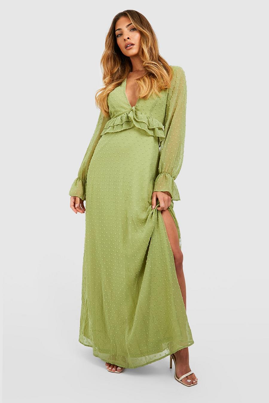 Olive green Dobby Plunge Ruffle Detail Maxi Dress