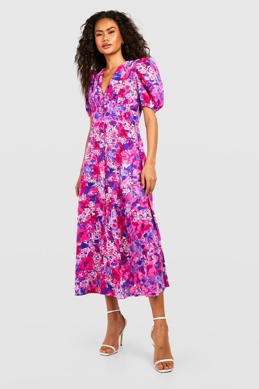 Hot pink Floral Puff Sleeve Button Through Midi Dress image number 1