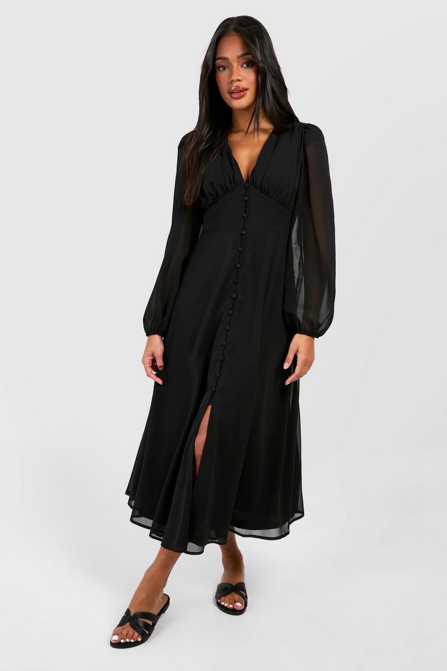 Black Puff Sleeve Button Through Midi Dress