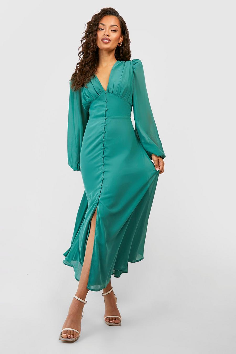 Teal Puff Sleeve Button Through Midi Dress image number 1