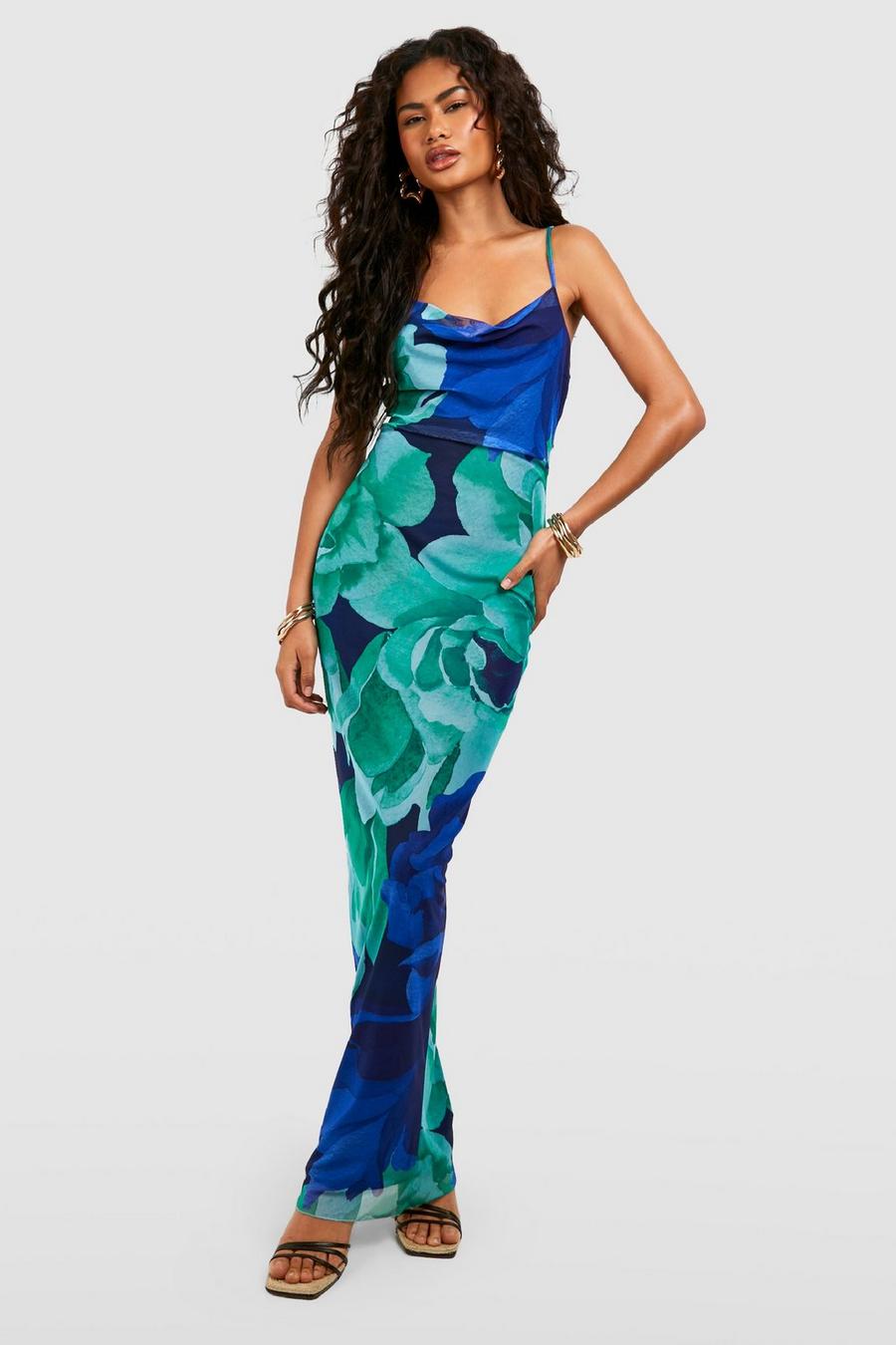 Green Floral Strappy Mesh Maxi Dress image number 1