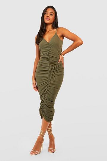 Rouched Mesh Strappy Midi Dress khaki