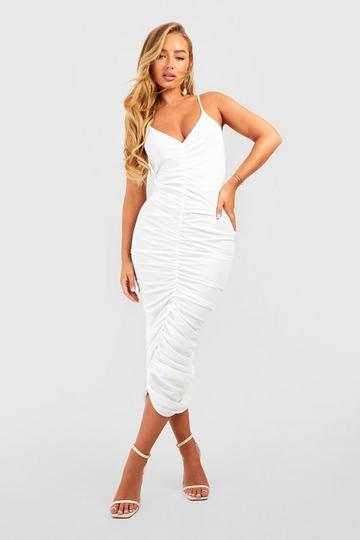 Ruched Mesh Strappy Midi Dress white