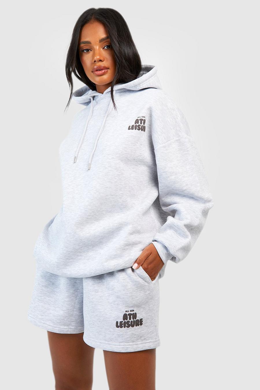 Ash grey Ath Leisure Puff Print Slogan Hooded Short Tracksuit image number 1