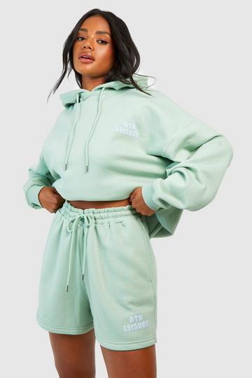 Sage Green Ath Leisure Puff Print Slogan Hooded Short Tracksuit