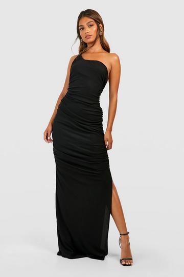 Ruched Mesh Asymmetric Maxi Dress black