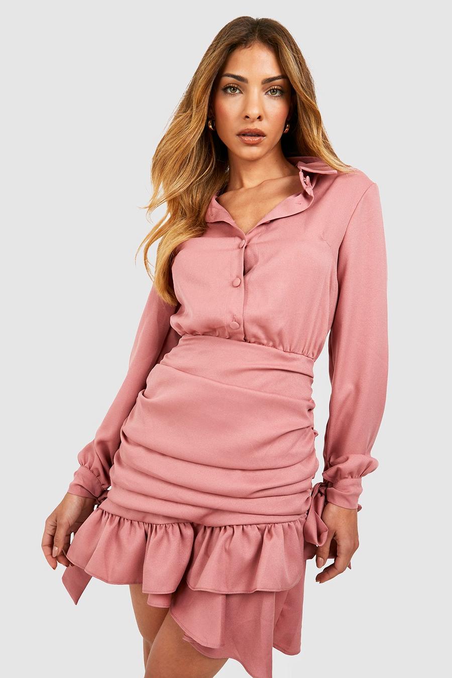 Rose pink Frill Hem Ruched Shirt Dress