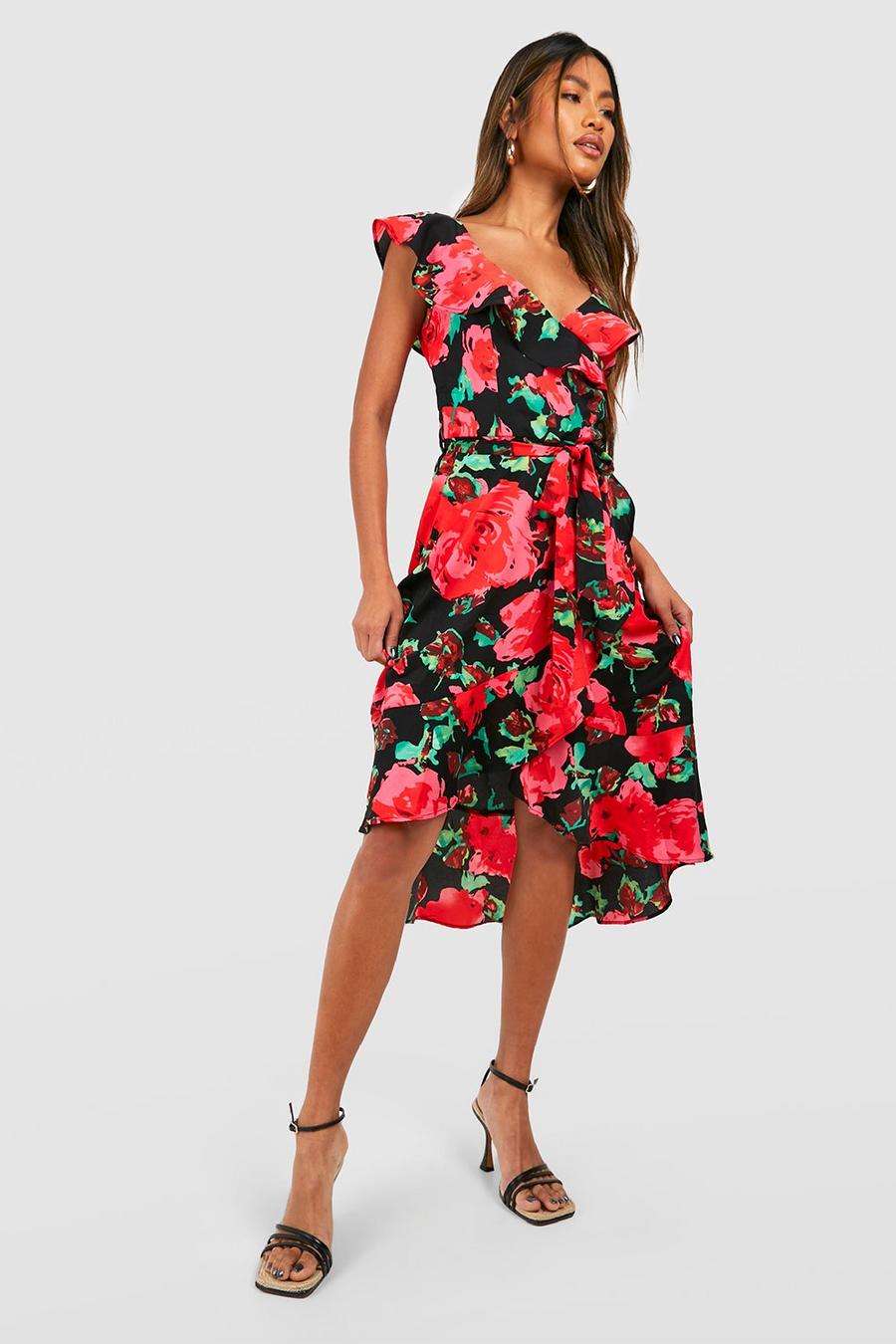 Red Floral Wrap Midi Dress image number 1