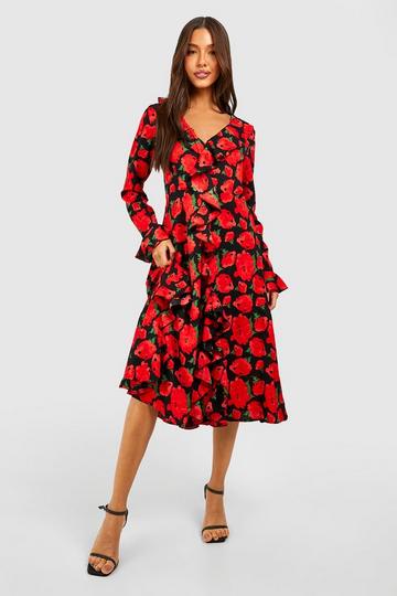 Rose Print Ruffle Midi Smock Dress red