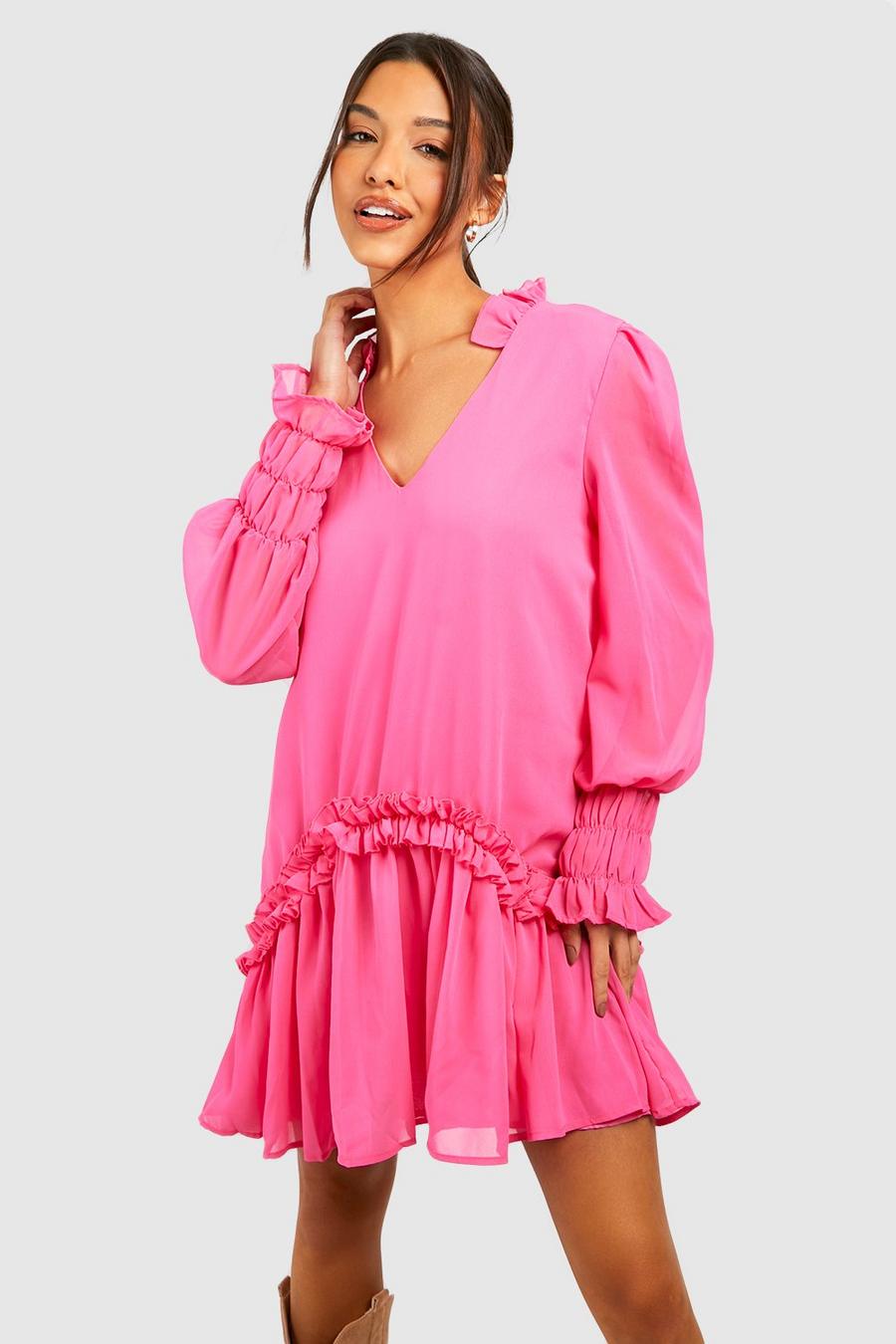 Vestido holgado de chifón con caída en el bajo, Hot pink