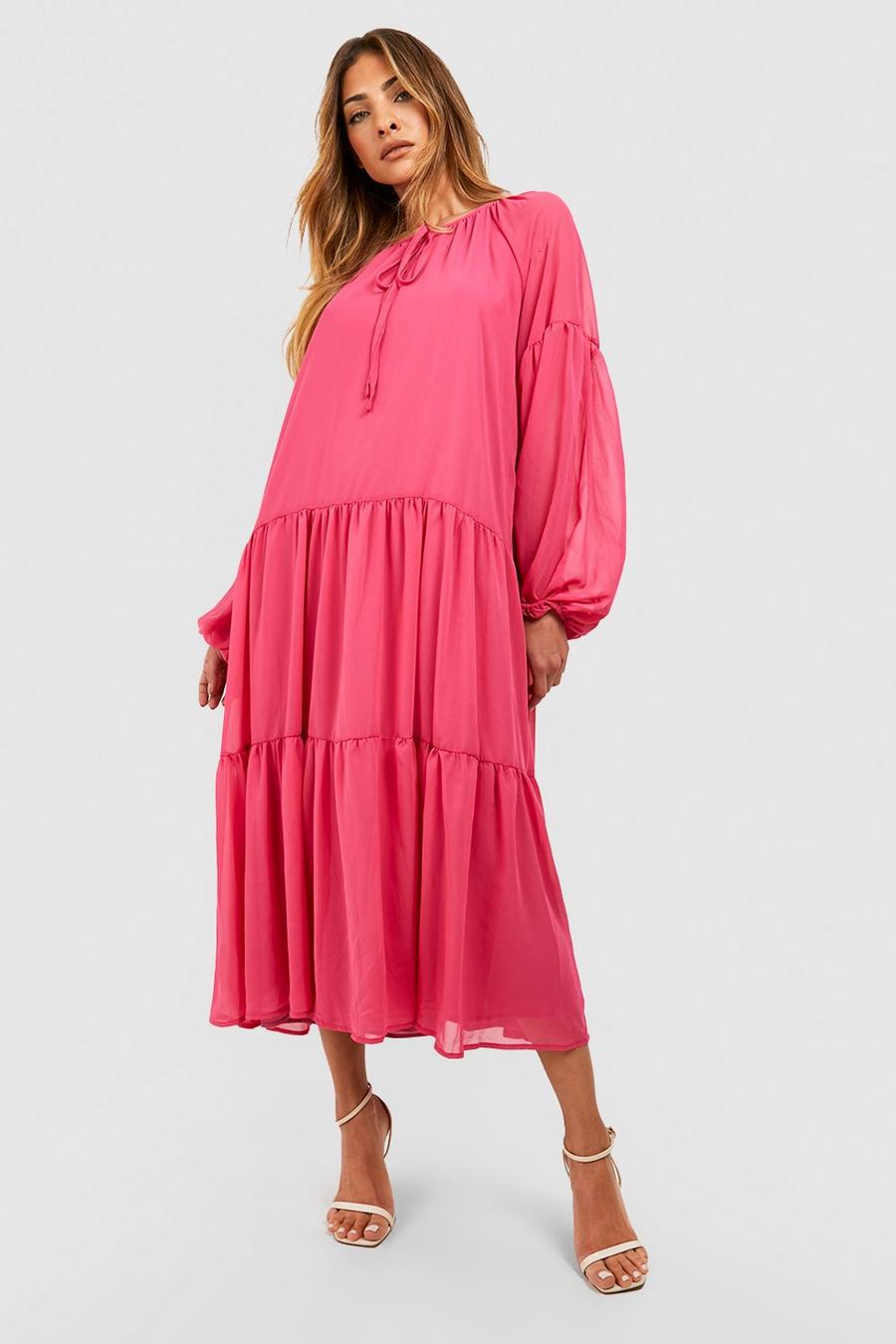Hot pink Chiffon Tiered Midaxi Smock Dress image number 1