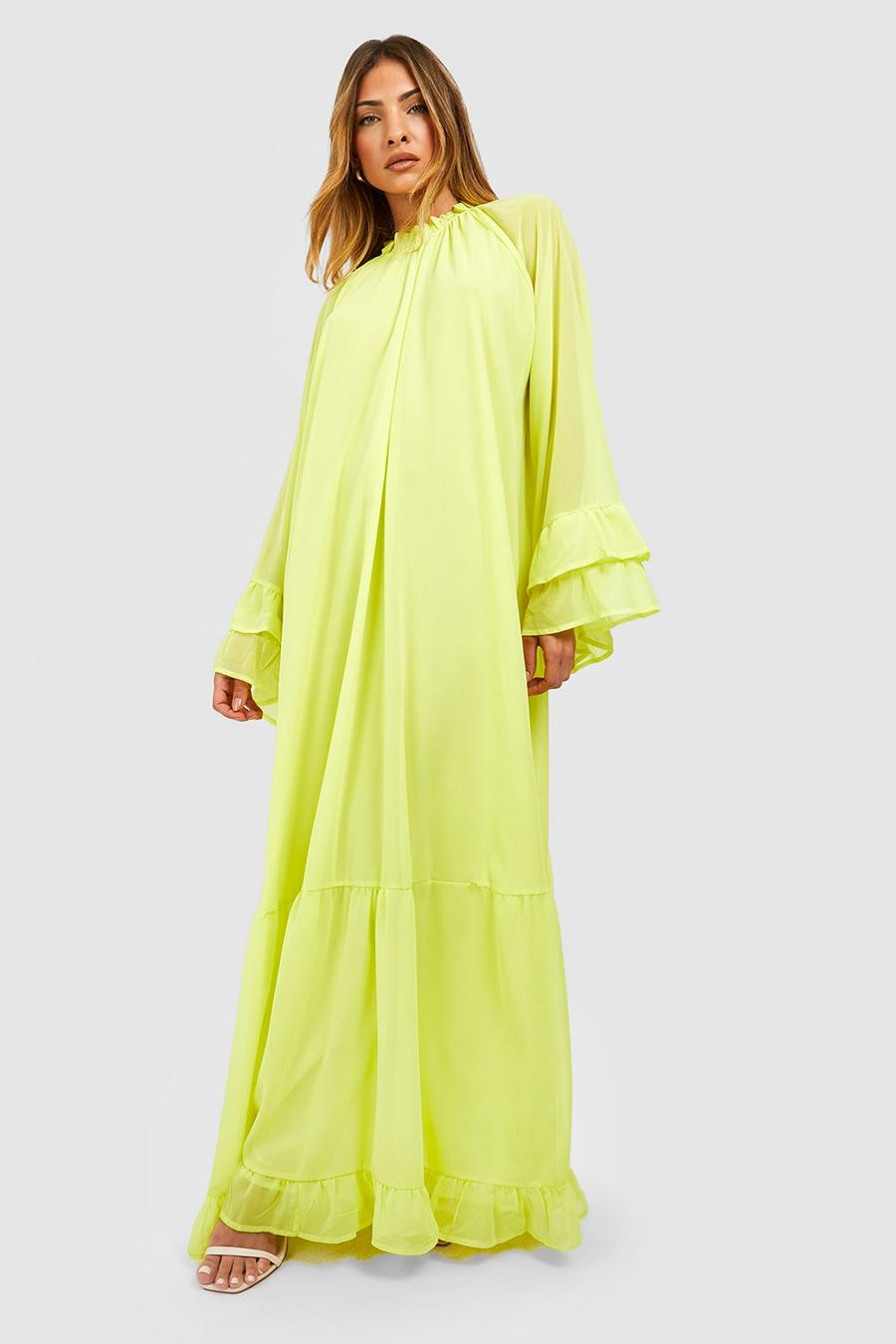 Bright yellow Chiffon Flare Sleeve Maxi Smock Dress image number 1
