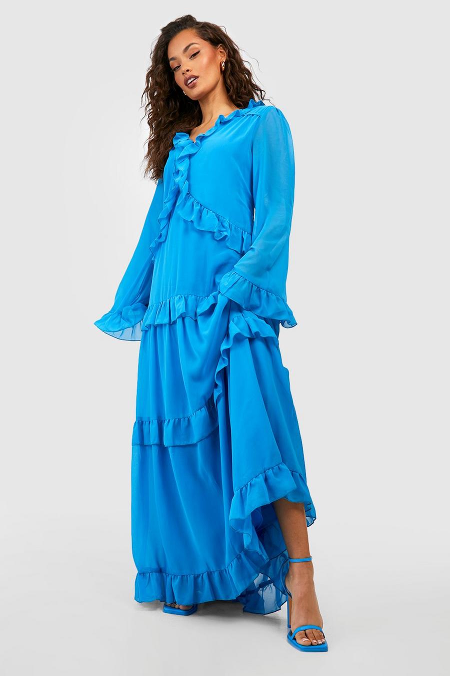 Bright blue Chiffon Ruffle Maxi Smock Dress image number 1