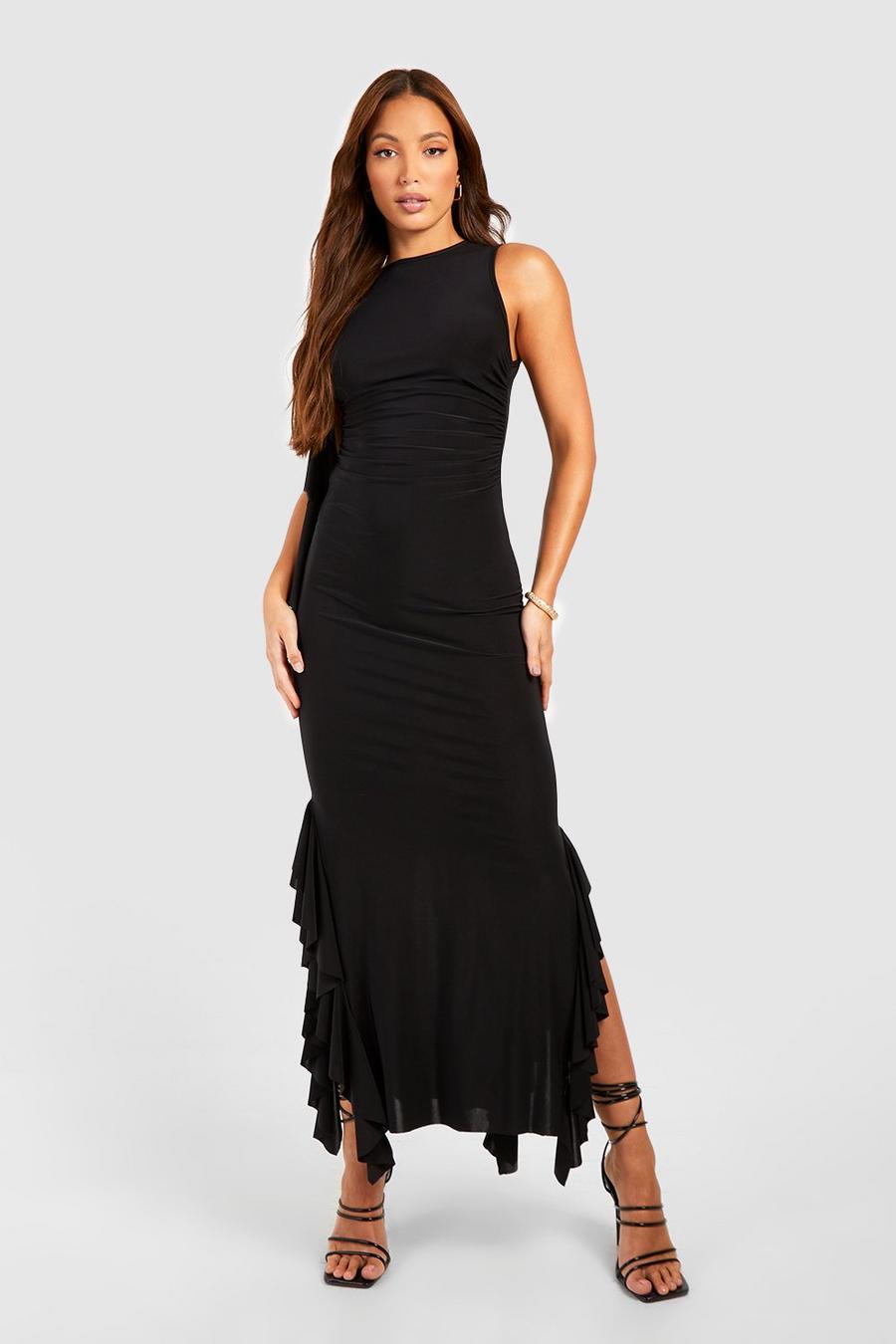 Black Tall Ruffle Detail Ruched Side Midaxi Dress
