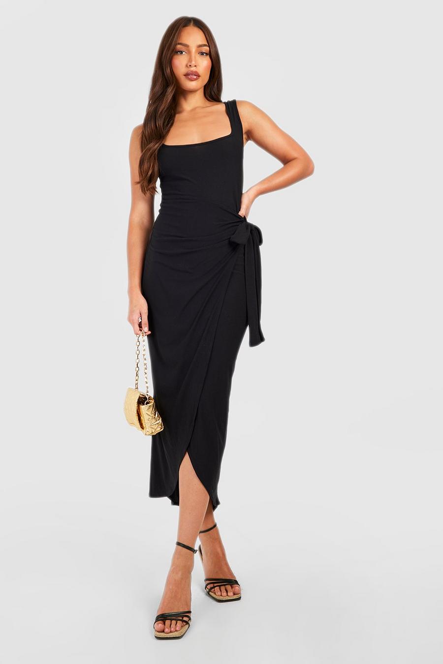 Black Tall Supersoft Premium Jersey Knit Tie Waist Midi Dress