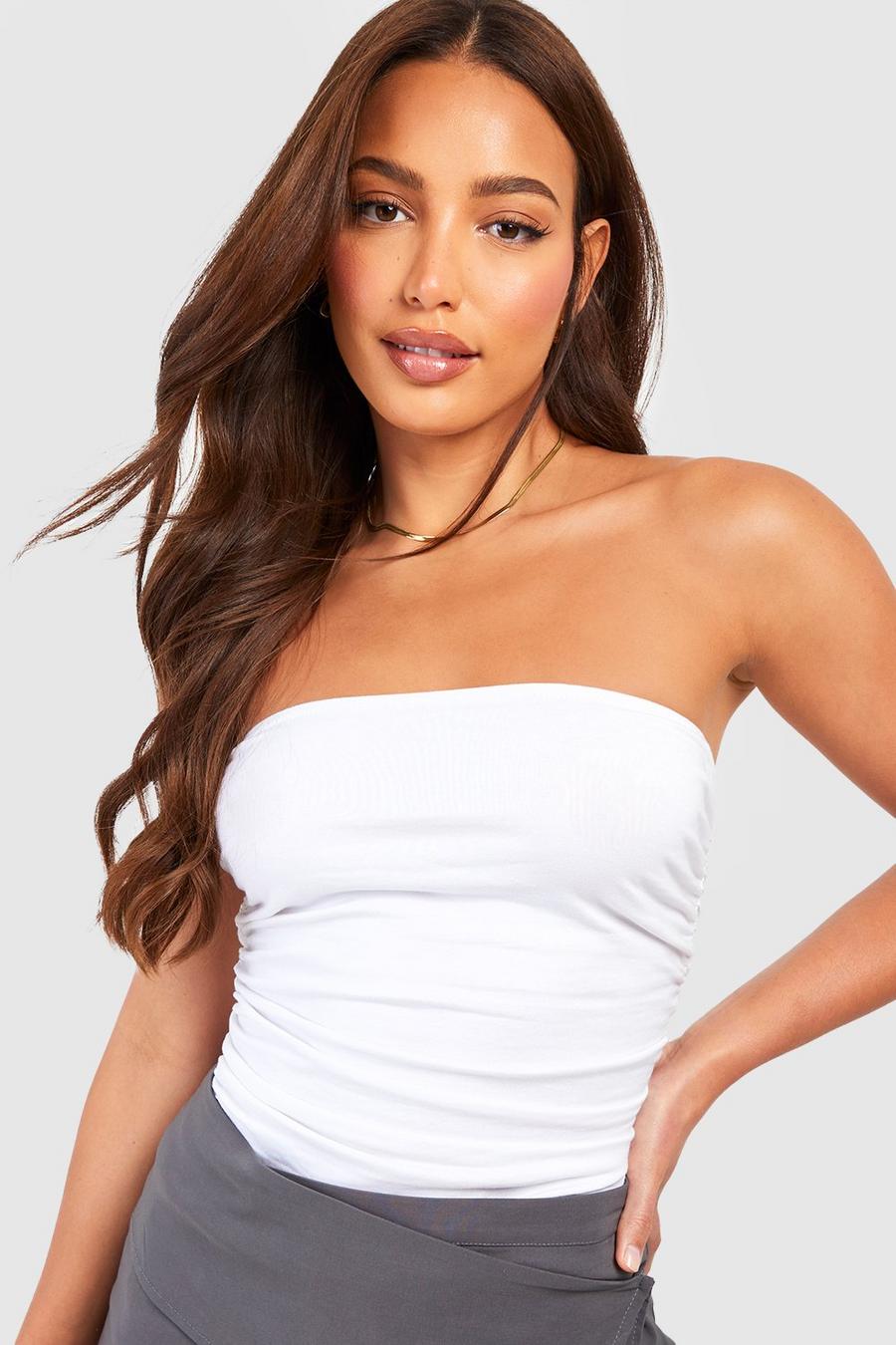 White Tall Cotton Ruched Side Bandeau Top