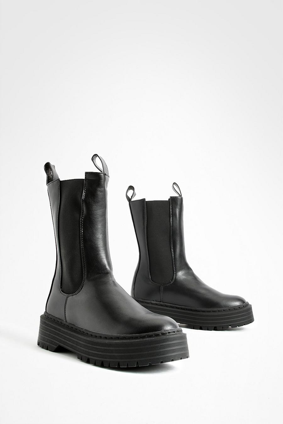 Black Calf Height Chunky Chelsea Boots