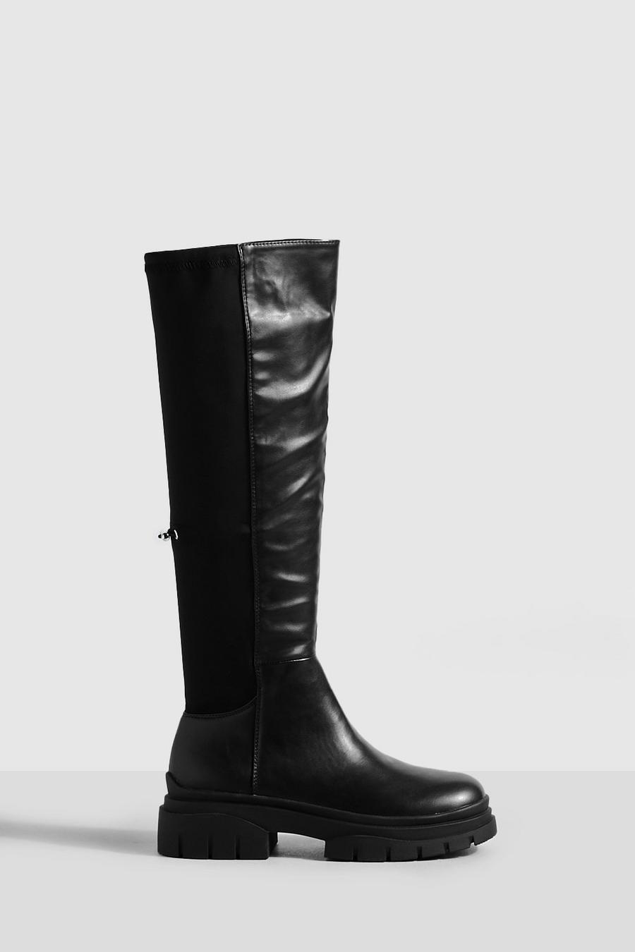 Black Stretch Panel Knee High Chunky Boots image number 1