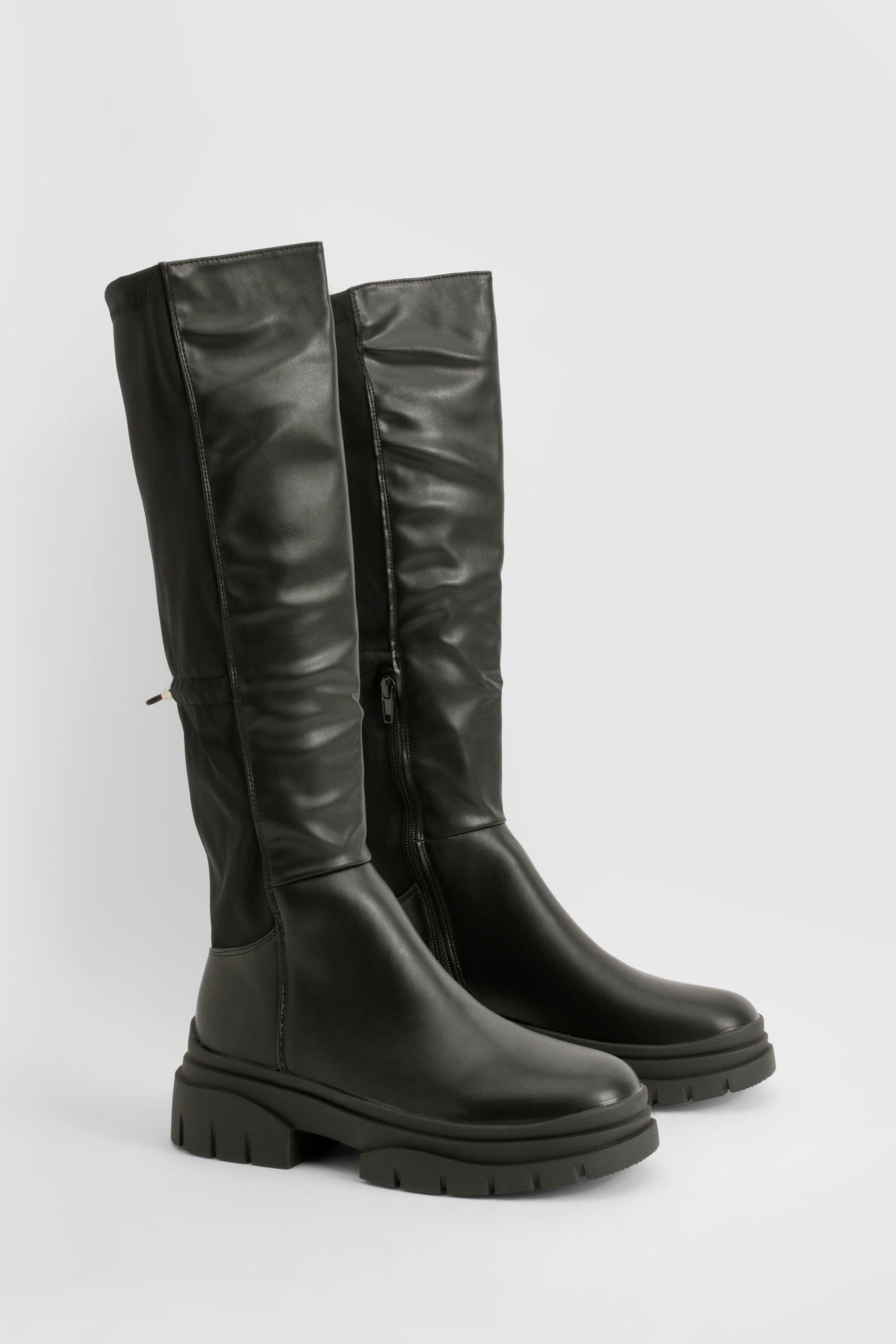 Stretch Panel Knee High Chunky Boots | boohoo