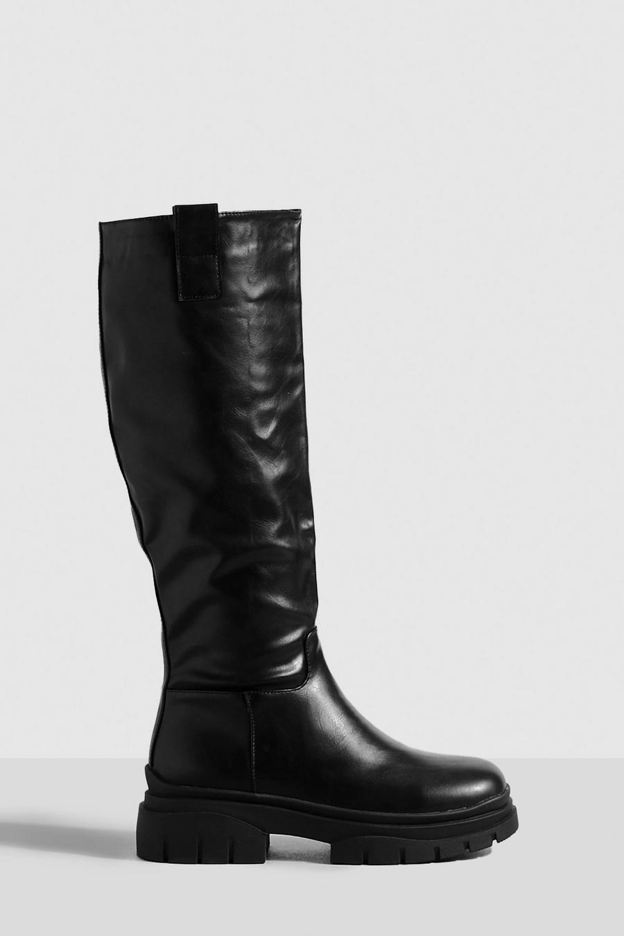 Black Wide Width Wave Sole Knee High Boots