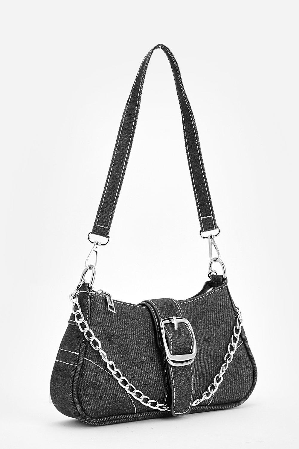 Boohoo Women's Buckle Detail Denim Shoulder Bag