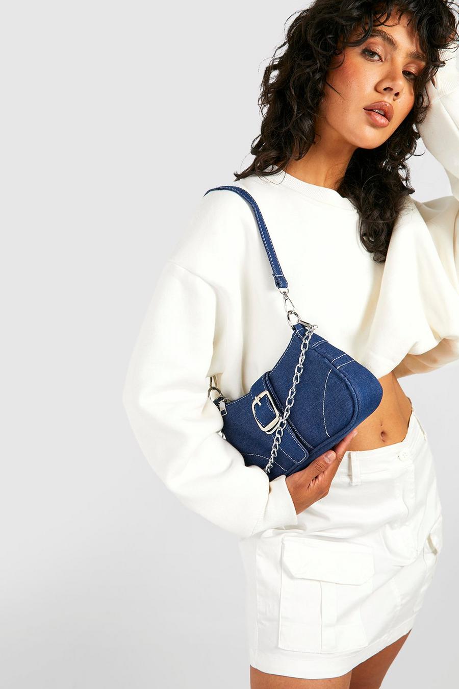 Blue Denim Buckle Detail Shoulder Bag 
