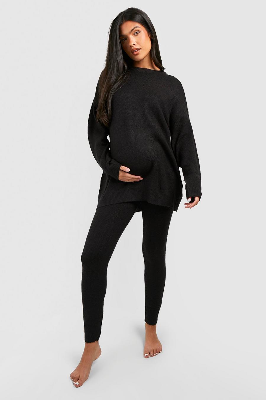 Black Maternity Knitted Crew Neck Sweater Loungewear Set image number 1