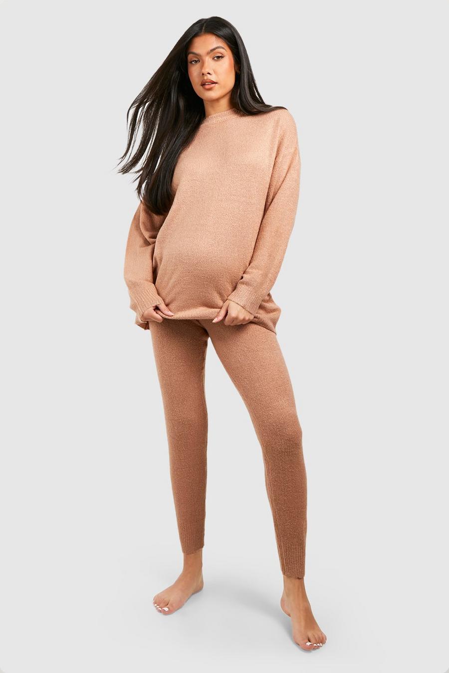 Camel Maternity Knitted Crew Neck Jumper Loungewear Set image number 1