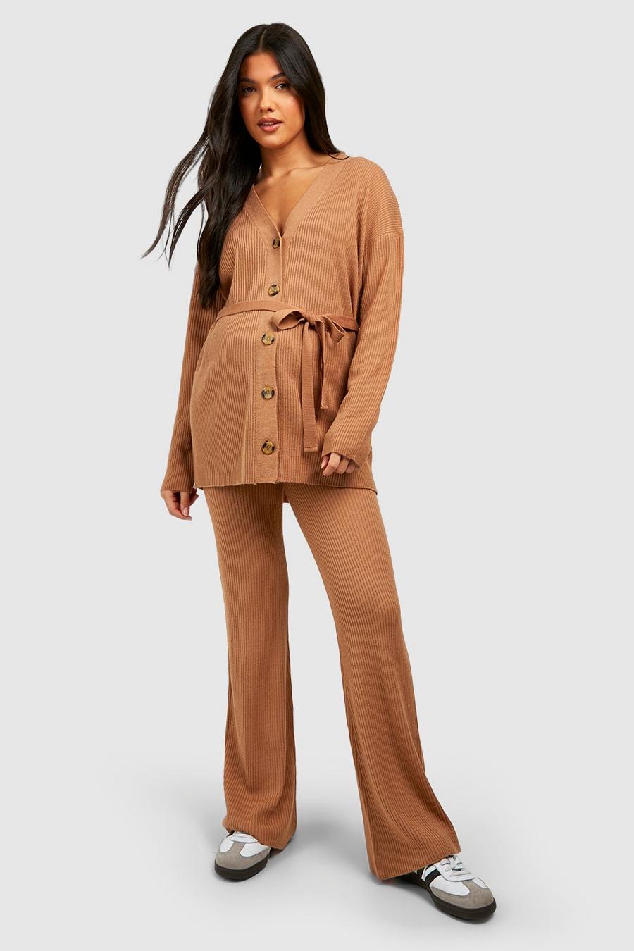 Camel Maternity Knitted Cardigan & Wide Leg Co-ord