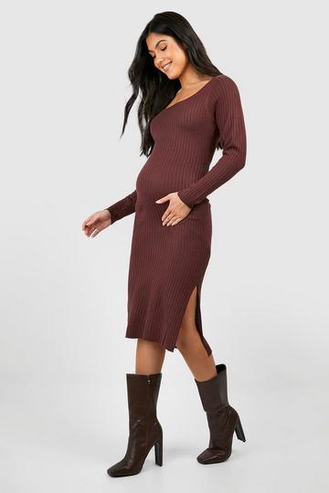 Chocolate Brown Maternity Split Knitted Midi Dress