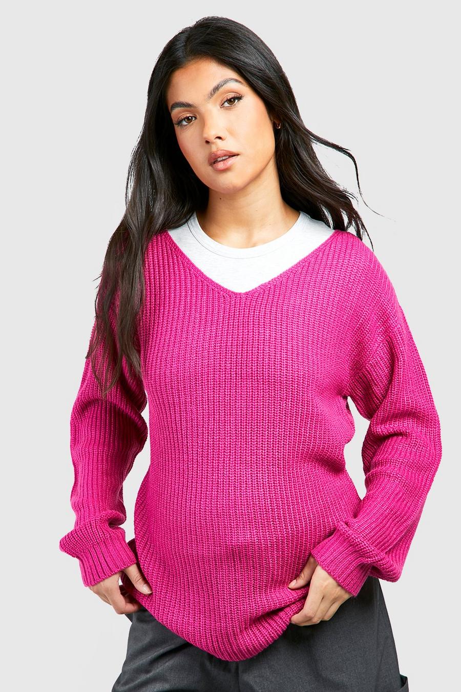 Fuchsia Maternity V Neck Sweater image number 1