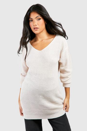 Stone Beige Maternity V Neck Sweater