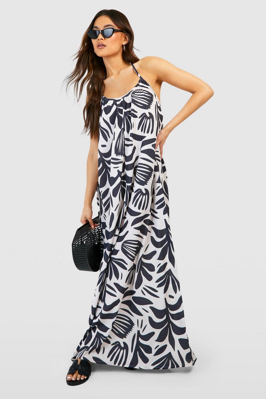 White Abstract Printed Trapeze Maxi Dress image number 1