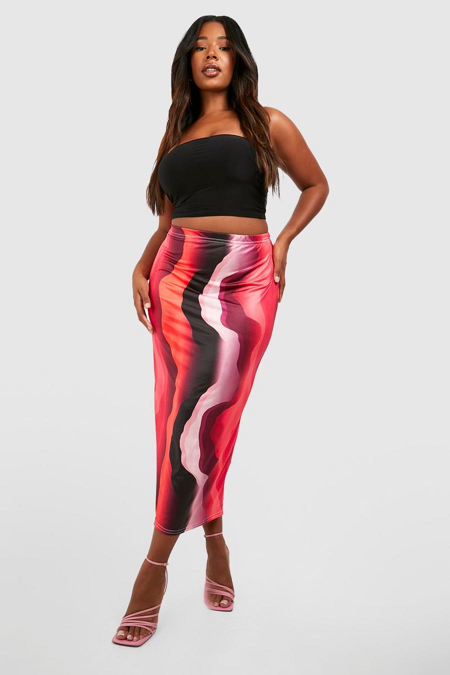 Pink Plus Marble Print Slinky Midi Skirt image number 1
