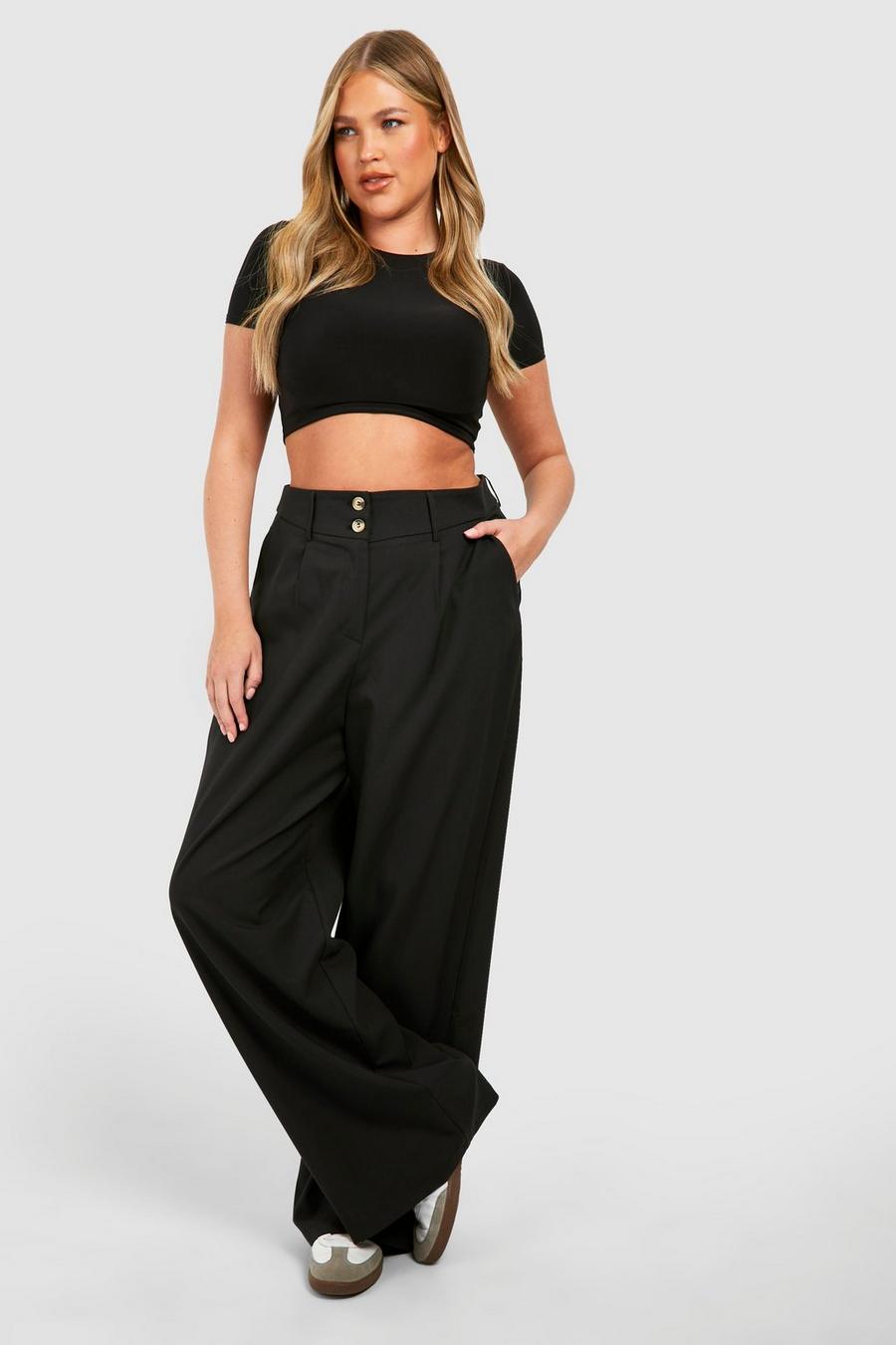Black Plus Button Detail Tailored Wide Leg Trousers image number 1
