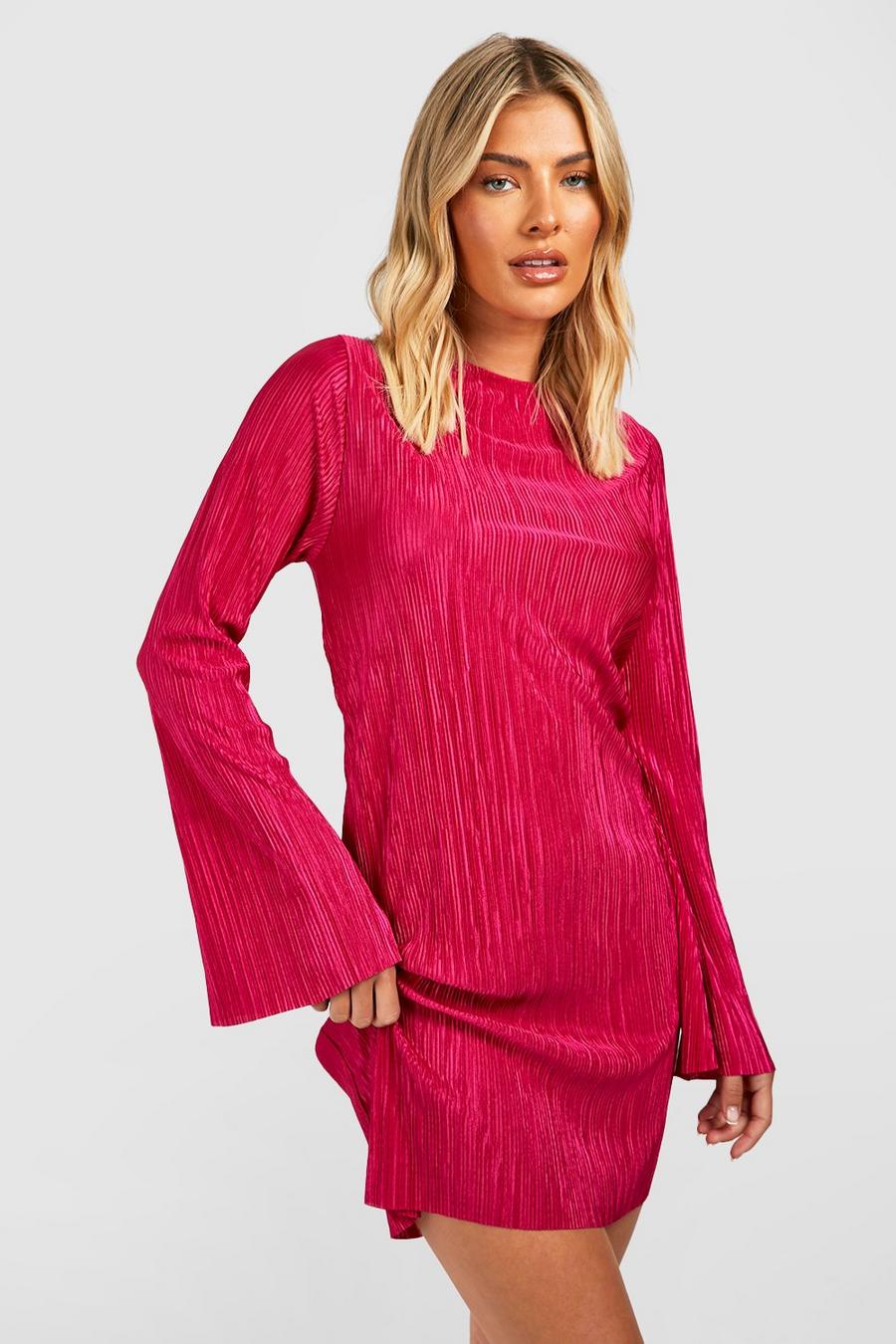 Hot pink Plisse Flare Sleeve Shift Dress