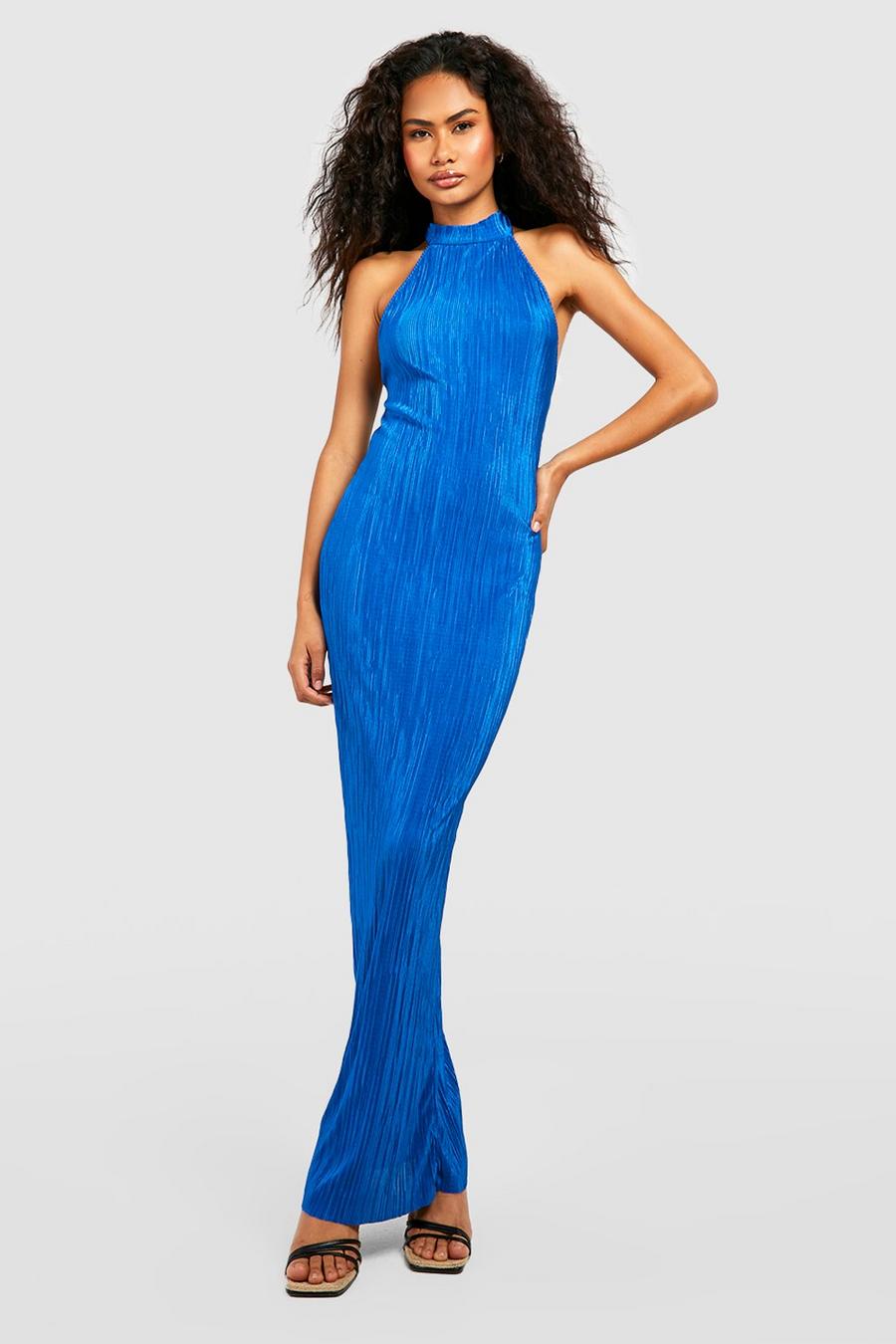Cobalt blå Plisse Halterneck Maxi Dress