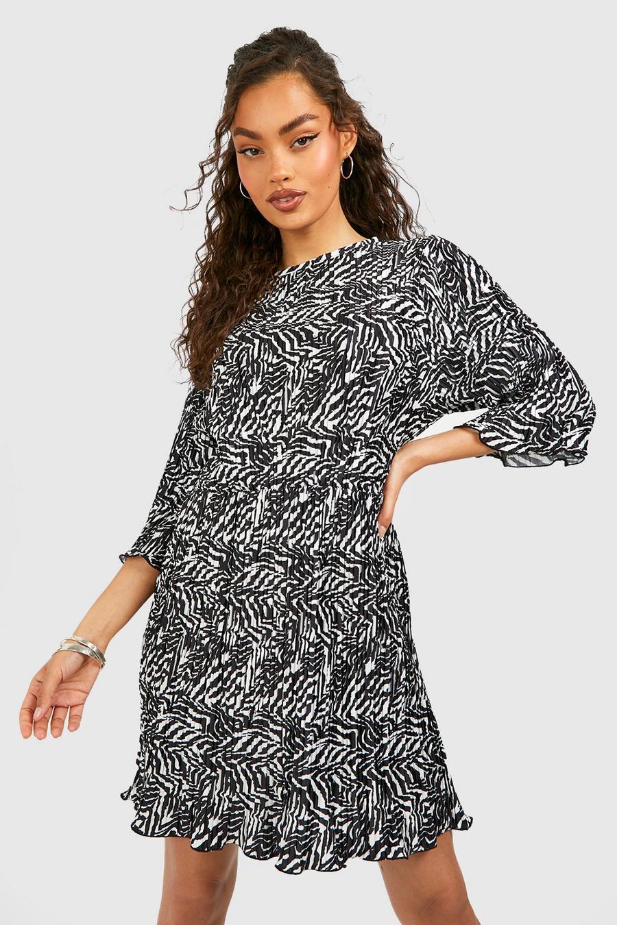 Kastiges Plissee T-Shirt-Kleid mit Zebraprint, Black