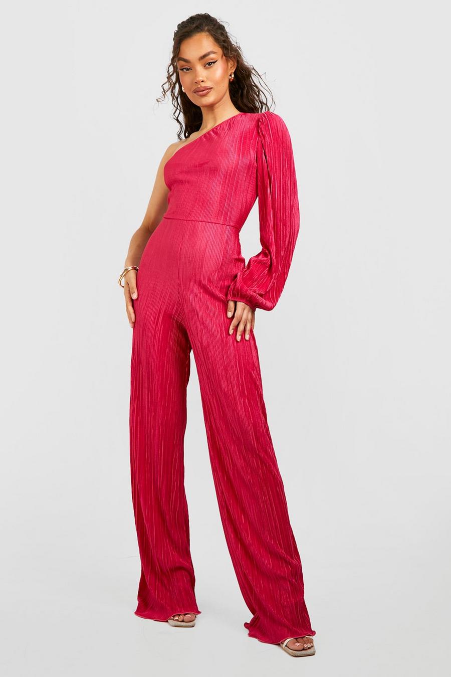 Hot pink Plisserad jumpsuit med asymmetrisk design
