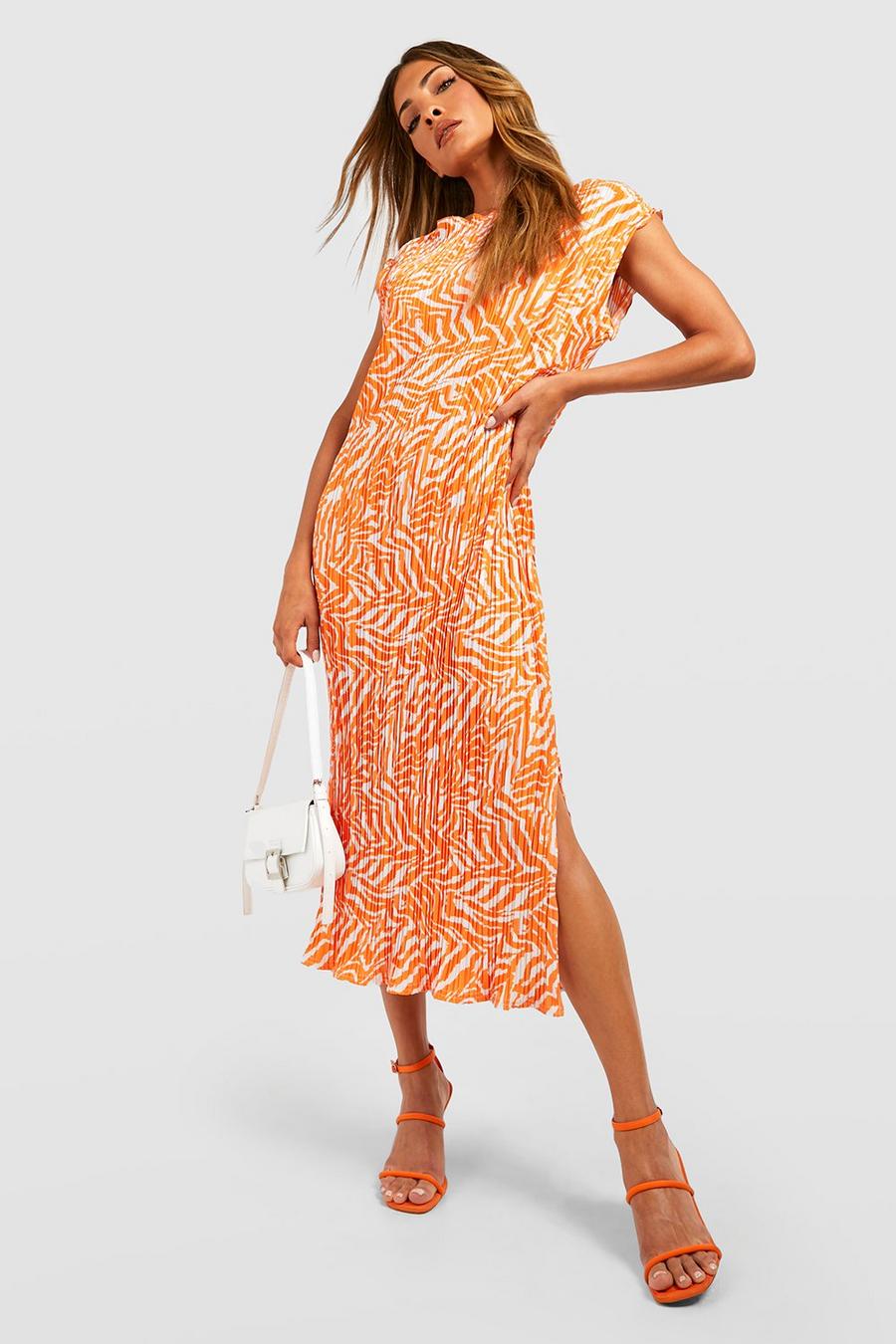 Orange Zebra Plisse Sleeveless Midi Dress image number 1