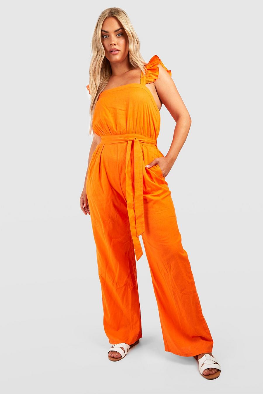 Orange Plus Jumpsuit i linnetyg med volanger och knytskärp image number 1