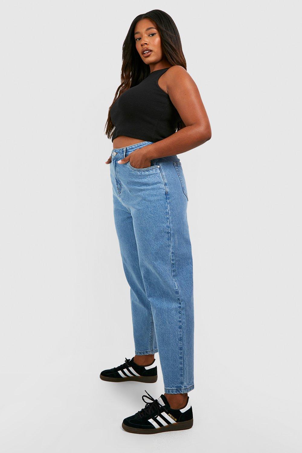 BOOHOO ladies Womens Denim Blue Turn Up Mom Jeans Plus Size 16 18 20 22 24