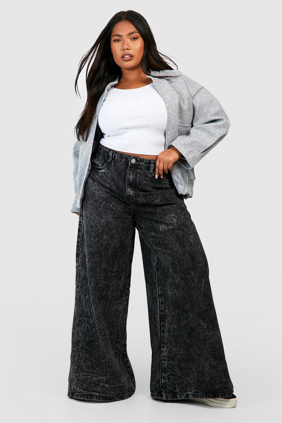 Grey Plus Basic jeans med vida ben och hög midja image number 1