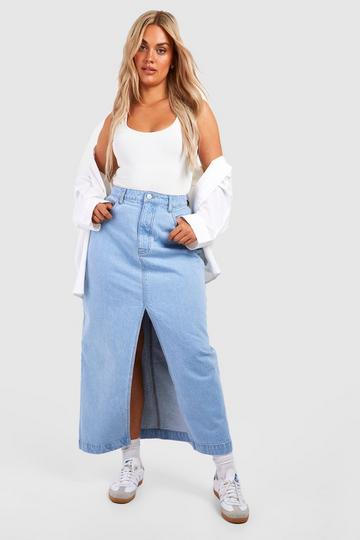 Plus Basic Split Front Denim Maxi Skirt light blue