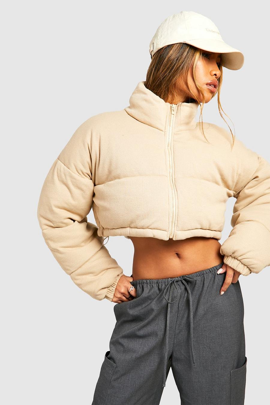 Oatmeal Knitted Crop Puffer Jacket image number 1