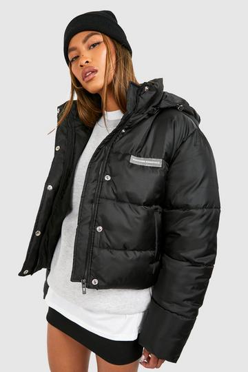 Black Badge Detail Hooded Puffer Jacket